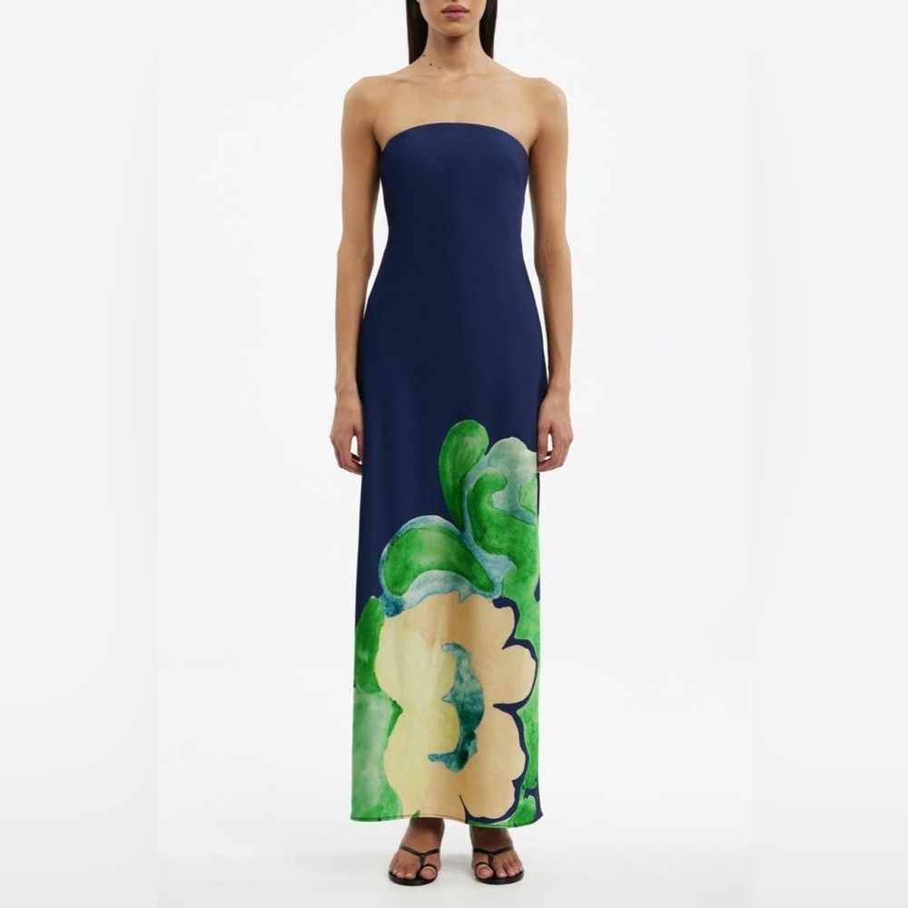 Significant Other Esme satin floral strapless gown in apple daze floral blue